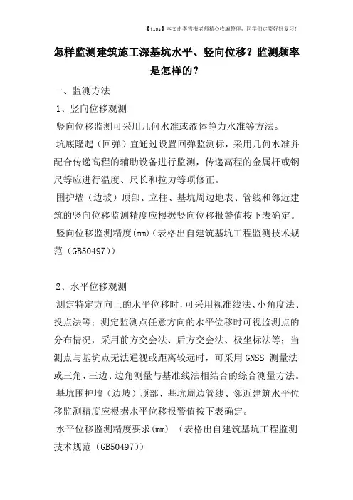 怎样监测建筑施工深基坑水平、竖向位移？监测频率是怎样的？