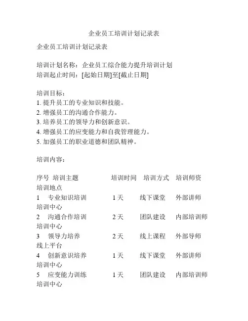企业员工培训计划记录表