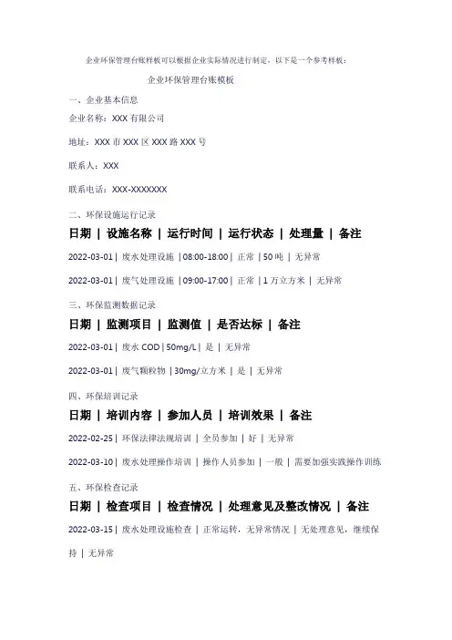 企业环保管理台账样板