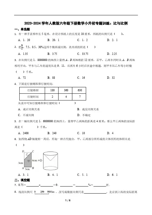 2023-2024学年人教版六年级下册数学小升初专题训练:比与比例(含答案)
