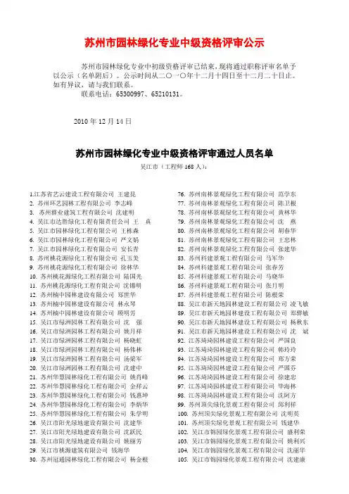 苏州市园林绿化专业中级资格评审公示1