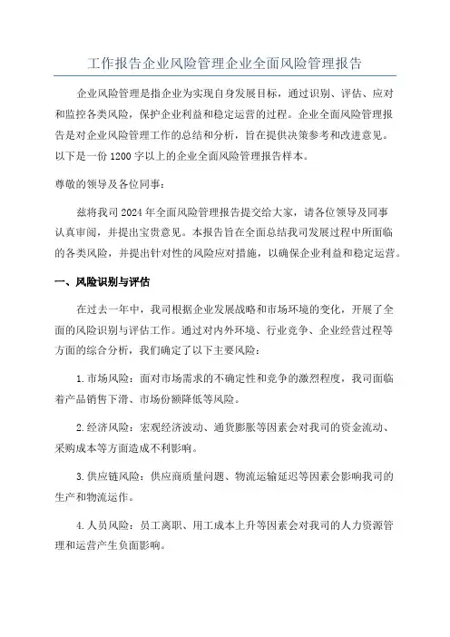 工作报告企业风险管理企业全面风险管理报告