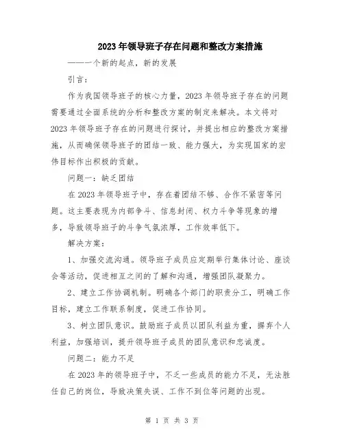 2023年领导班子存在问题和整改方案措施