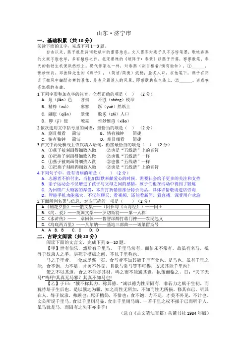 【真卷】山东济宁市2019中考语文试题及答案