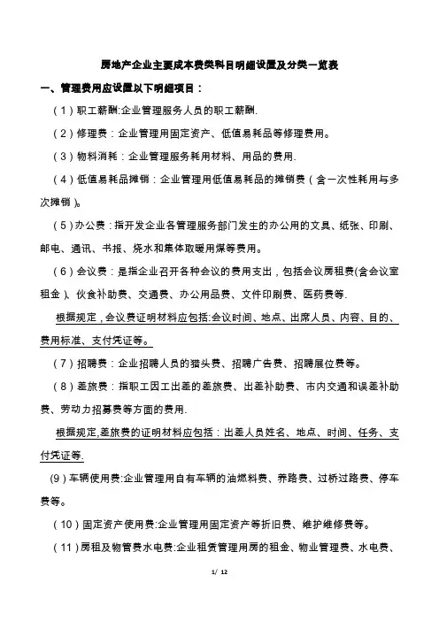 房地产企业主要成本费类科目明细设置及分类一览表