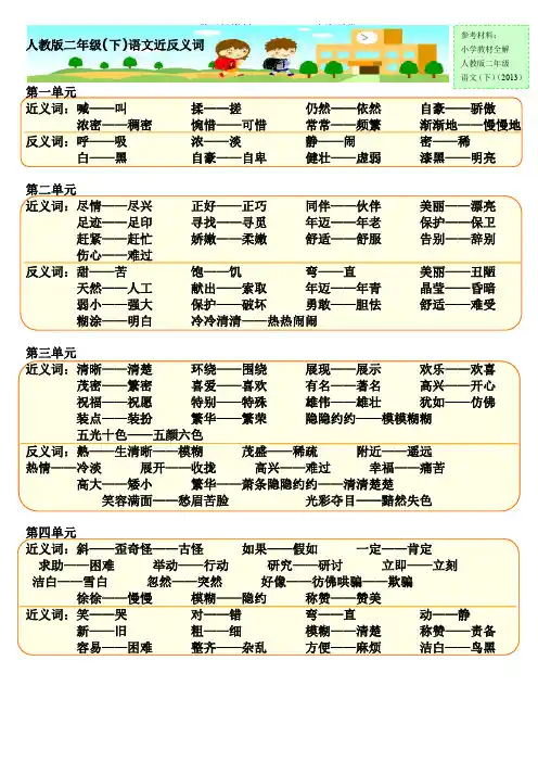 人教版二年级下语文《近反义词》总汇