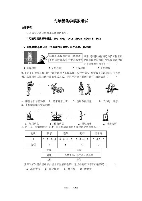九年级化学中考模拟试题及答案