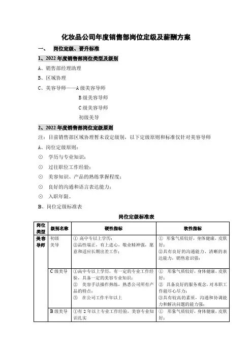 化妆品公司年度销售部岗位定级及薪酬方案