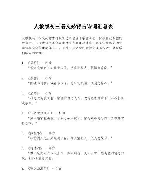 人教版初三语文必背古诗词汇总表