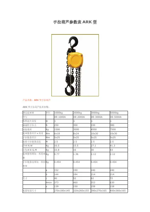 手拉葫芦参数表ARK型-推荐下载
