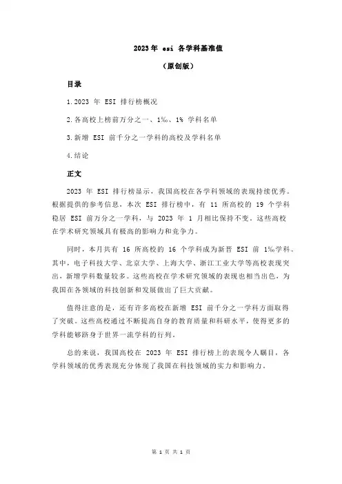 2023年 esi 各学科基准值