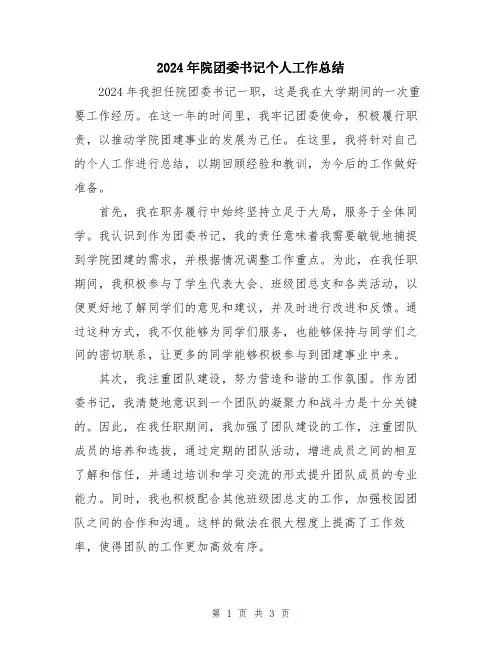 2024年院团委书记个人工作总结