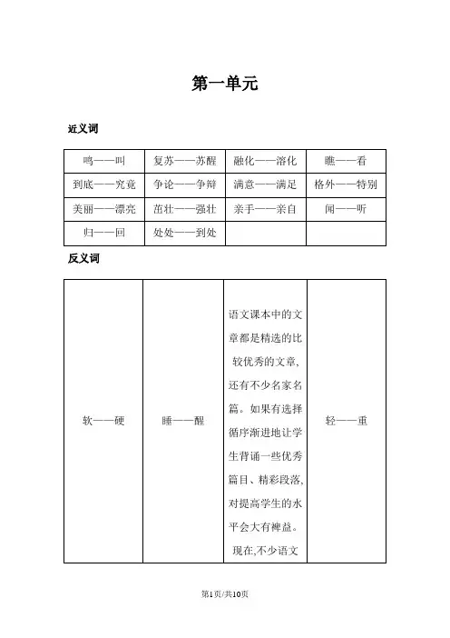 一年级下册语文素材近反义词 部编人教版