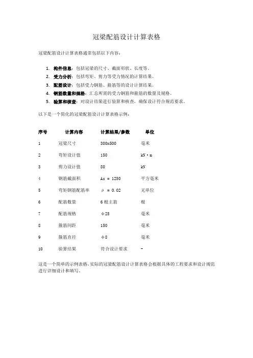 冠梁配筋设计计算表格