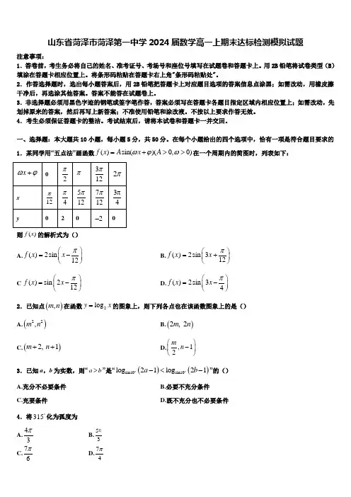 山东省菏泽市菏泽第一中学2024届数学高一上期末达标检测模拟试题含解析