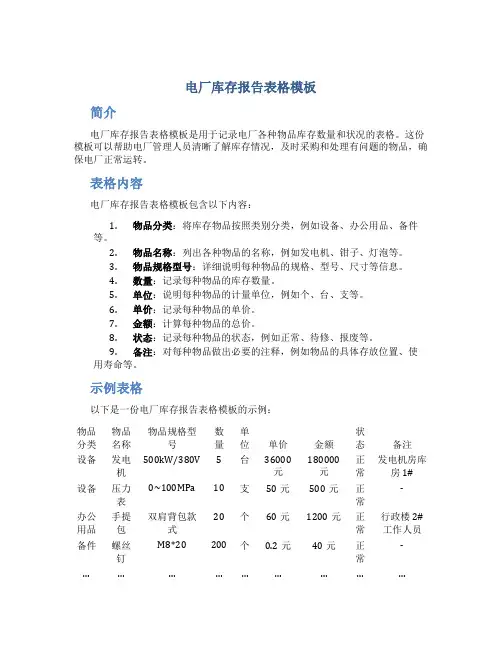 电厂库存报告表格模板
