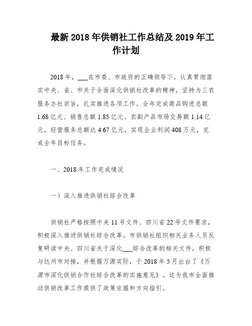 最新2018年供销社工作总结及2019年工作计划