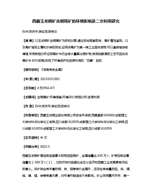 西藏玉龙铜矿含铜尾矿的环境影响及二次利用研究