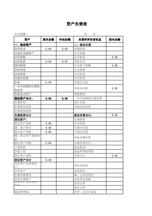 资产负债表模板2020年新版带公式