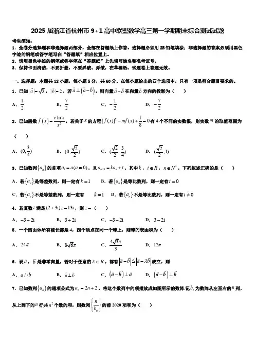 2025届浙江省杭州市9+1高中联盟数学高三第一学期期末综合测试试题含解析