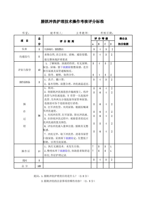 膀胱冲洗护理技术操作考核评分标准