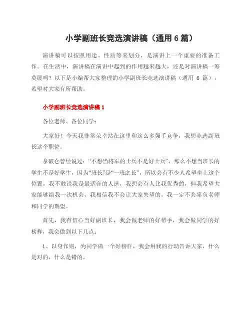 小学副班长竞选演讲稿(6篇)