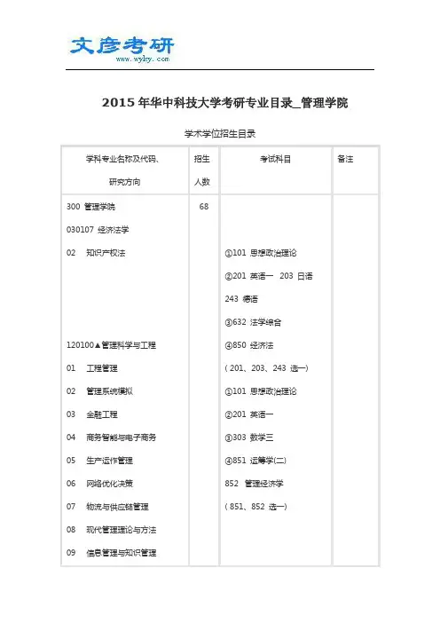 2015年华中科技大学考研专业目录_管理学院