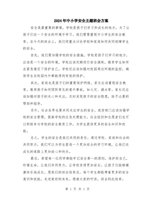 2024年中小学安全主题班会方案