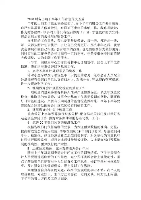 2020财务出纳下半年工作计划范文五篇