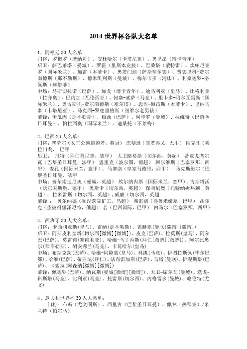 2014年巴西世界杯各队大名单(持续更新中)