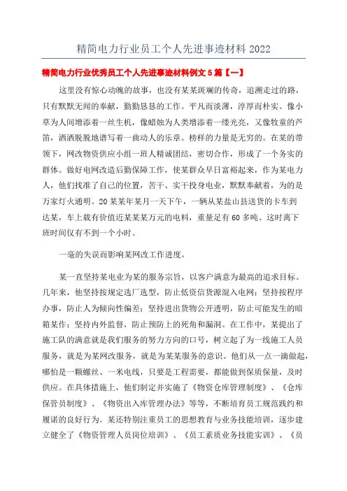 精简电力行业员工个人先进事迹材料2022