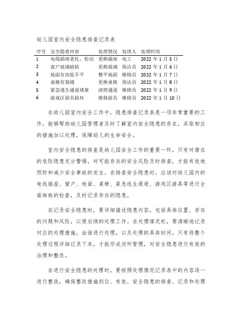 幼儿园室内安全隐患排查记录表 幼儿园安全