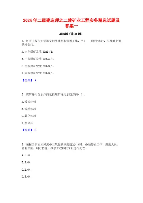 2024年二级建造师之二建矿业工程实务精选试题及答案一