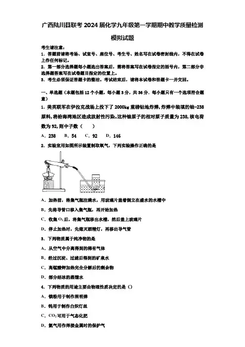 广西陆川县联考2024届化学九年级第一学期期中教学质量检测模拟试题含答案解析