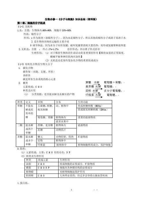 生物必修一《分子与细胞》知识总结(浙科版)