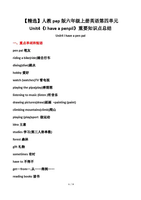 【精选】人教pep版六年级上册英语第四单元Unit4《I have a penpil》重要知识点总结