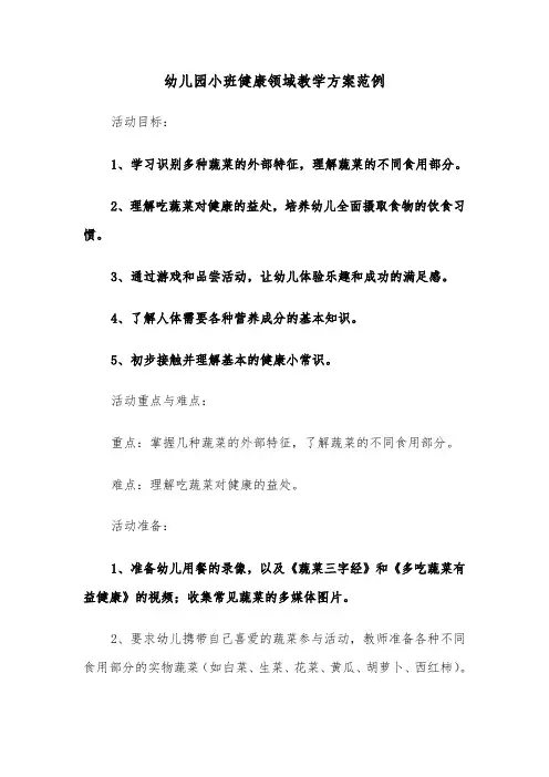 幼儿园小班健康领域教学方案范例（六篇）