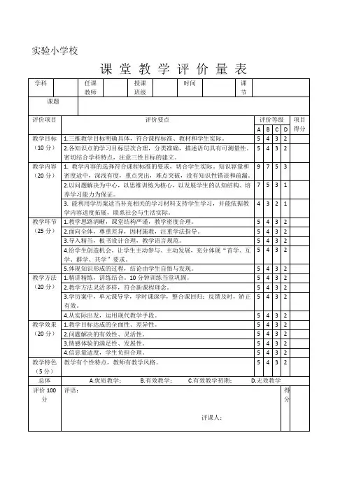 小学课堂教学评价量表