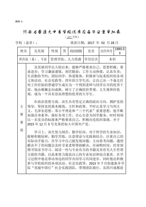 吴昊展河南省普通大中专学校优秀应届毕业生审批表