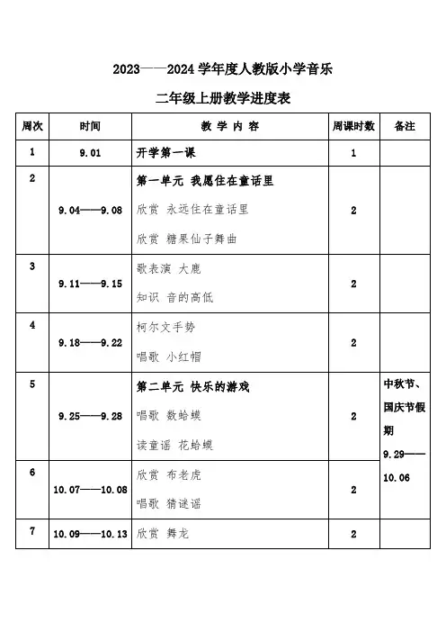 2023年秋学期人教版小学音乐二年级上册教学进度表
