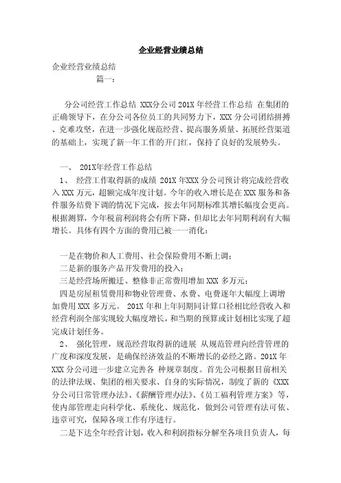 企业经营业绩总结（范本）
