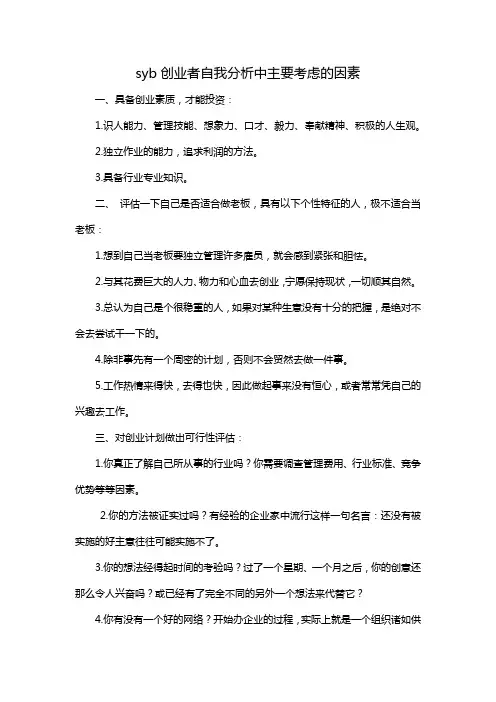syb创业者自我分析中主要考虑的因素