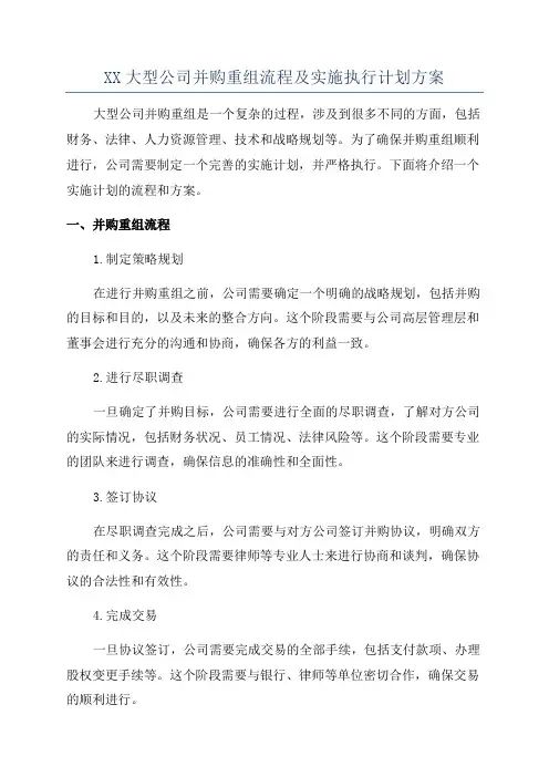 XX大型公司并购重组流程及实施执行计划方案