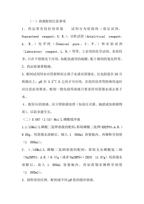 常用pH缓冲溶液的配制和pH值