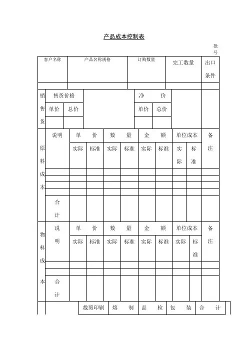 产品成本控制表格式