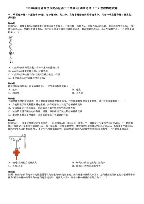 2020届湖北省武汉市武昌区高三下学期6月调研考试(三)理综物理试题