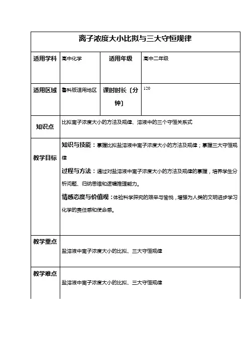 离子浓度大小比较与三大守恒规律教案1