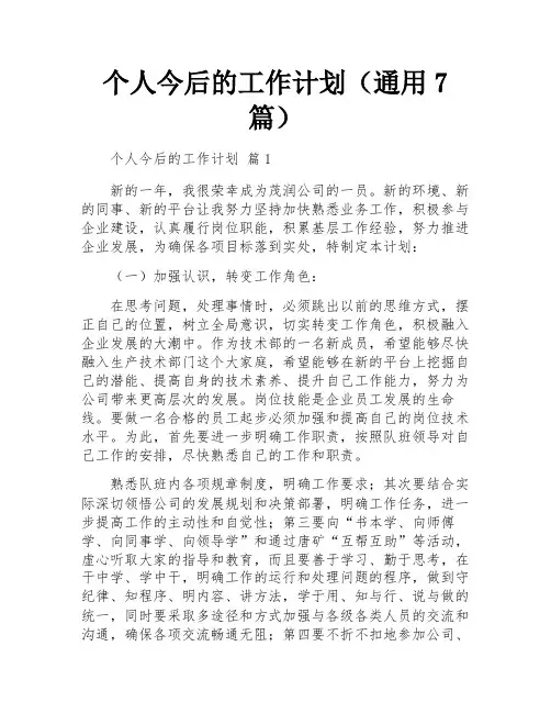 个人今后的工作计划(通用7篇)