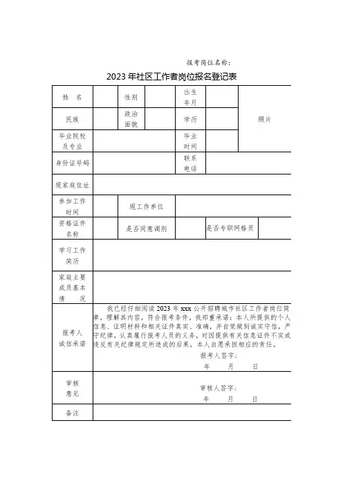 2023年社区工作者岗位报名登记表
