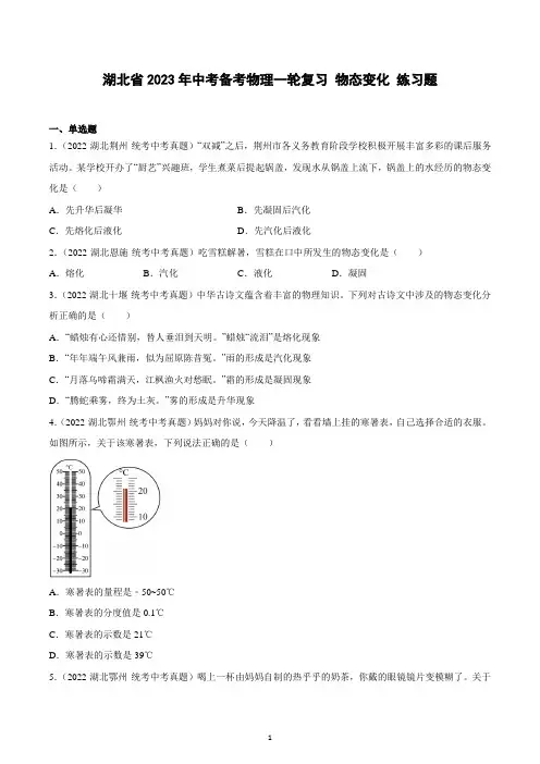 2023年湖北省 中考备考物理一轮复习------ 物态变化 练习题